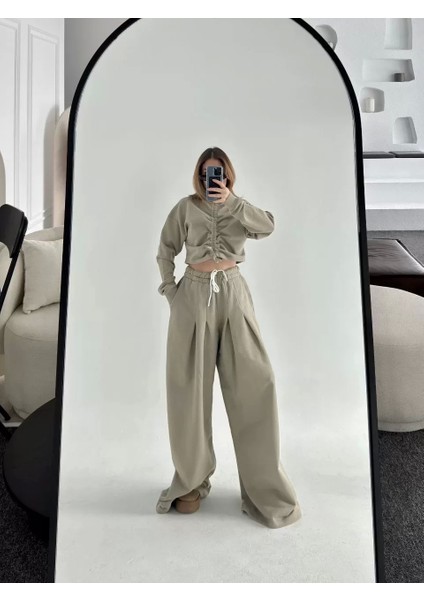 Uzun Kollu Önü Ip Büzgülü Crop ve Pantolon Ikili Takım - Haki