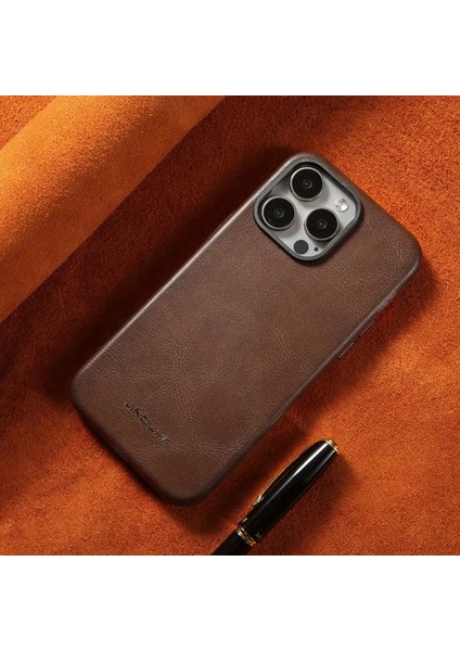 Iphone 15 Pro Max Için Kılıf Kamera Korumalı Gerçek Deri Işlemeli Elde Kaymaz Yumaşak Slikon Kapak