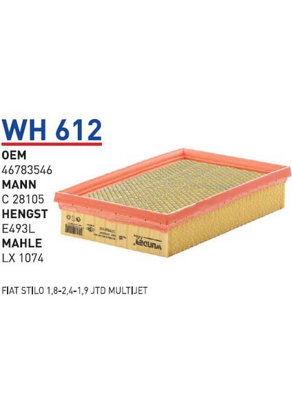 Wh612 Oem 46783546 Fiat stilo 1,8-2,4-1,9 jtd multijet Otomobil hava filtre air filter