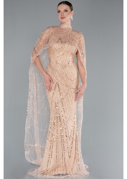 Straplez Boncuk Işlemeli Şal Detaylı Uzun Abiye ABU4517 modelleri