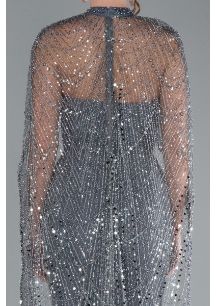 Straplez Boncuk Işlemeli Şal Detaylı Uzun Abiye ABU4517 fiyatları