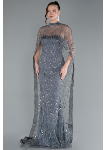 Straplez Boncuk Işlemeli Şal Detaylı Uzun Abiye ABU4517 modelleri