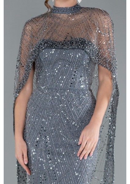 Straplez Boncuk Işlemeli Şal Detaylı Uzun Abiye ABU4517 fırsatları