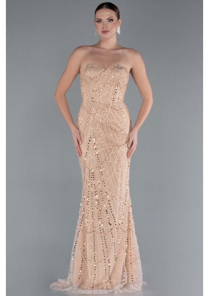 Straplez Boncuk Işlemeli Şal Detaylı Uzun Abiye ABU4517