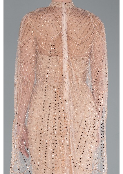 Straplez Boncuk Işlemeli Şal Detaylı Uzun Abiye ABU4517 fiyatları