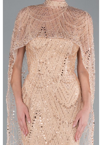 Straplez Boncuk Işlemeli Şal Detaylı Uzun Abiye ABU4517 fırsatları