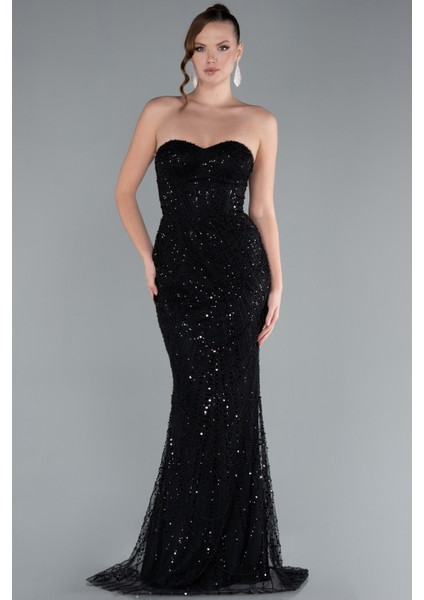 Straplez Boncuk Işlemeli Şal Detaylı Uzun Abiye ABU4517