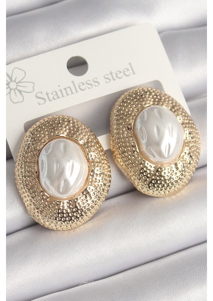 Pirinç Gold Renk Incili Işlemeli Daire Model Kadın Küpe - TJ-BKP10246