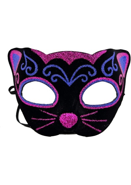 Siyah Kadife Kaplama Üzeri Pembe Mavi Sim Işlemeli Kedi Maskesi 20X13 cm