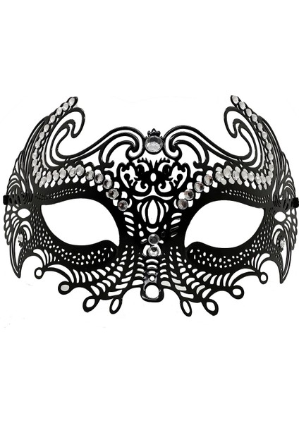Siyah Renk Lazer Kesim Üzeri Kristal Taşlı Metal Balo Parti Venedik Maskesi modelleri