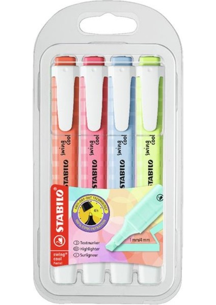 | Swing Cool Fosforlu Kalem Pastel Seti, 4'lü, 1-4 mm Uç, 4 Saat Kurumaya Dayanıklı