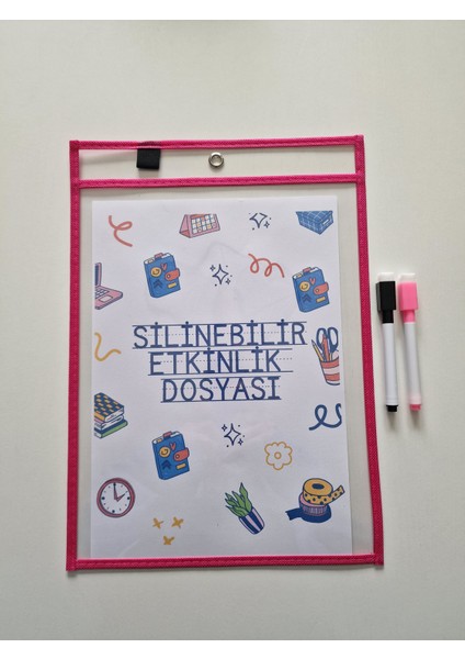 A4 Çalışma Kağıtları Için Pembe Silinebilir Etkinlik Dosyası + 2 Adet Silgili Kalem