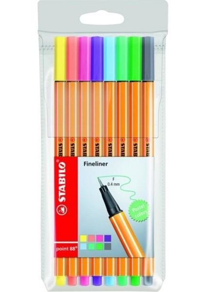 | Point 88 Fineliner Kalem Seti, 8 Pastel Renk, 0.4 mm Uç, Metal Destekli Uç, Altıgen Tasarım