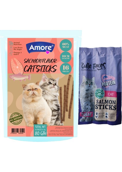 Avida Salmon Flavor 16lı Kedi Stick 80gr, Cute Faces 1 adet 3lü Somonlu Kedi Ödül Çubukları Cat-Sticks