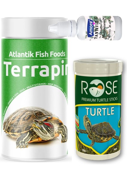 Terrapin Turtle Sticks 250ml, Rose 100ml Turtle Sürüngen Ve Yüzen Kaplumbağa Yemi, Multivitamin