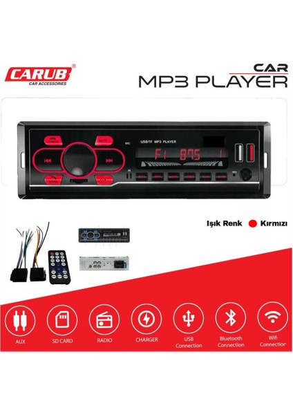 Oto Teyp-Radyo Aux/bluetooth/mp3/sd Kart/usb x 2 Şarj (Uzaktan Kumandalı) (Kırmızı Işıklı)