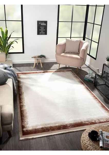 Marsilya Kiremit Halı Bej Halı Bordürlü Halı Modern Desenli Ince Akrilik Yumuşak Salon Halısı