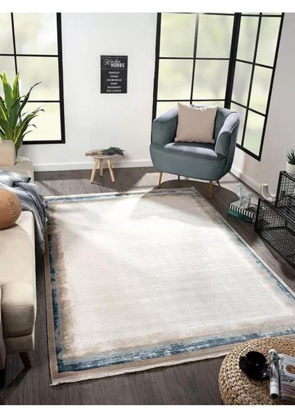Marsilya Bej Halı Lacivert Kenar Çerçeveli Halı Modern Sade Desen Ince Akrilik Yumuşak Salon Halısı modelleri