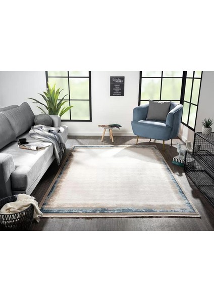 Marsilya Bej Halı Lacivert Kenar Çerçeveli Halı Modern Sade Desen Ince Akrilik Yumuşak Salon Halısı fırsatları