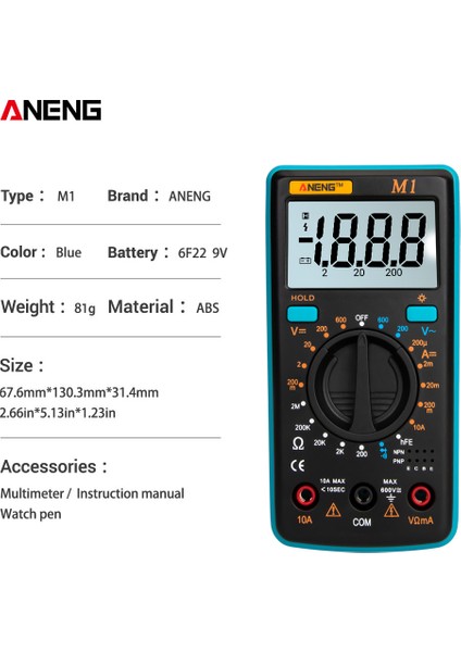 Aneng M1 Dijital Multimetre LCD Aydınlatmalı Yüksek Hasiyetli Aşırı Yük Korumalı (Yurt Dışından)