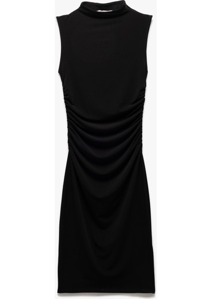 Hafif Dik Yaka Kolsuz Drapeli Slim Fit Midi Kalem Elbise