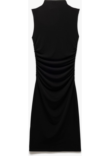 Hafif Dik Yaka Kolsuz Drapeli Slim Fit Midi Kalem Elbise