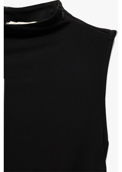 Hafif Dik Yaka Kolsuz Drapeli Slim Fit Midi Kalem Elbise
