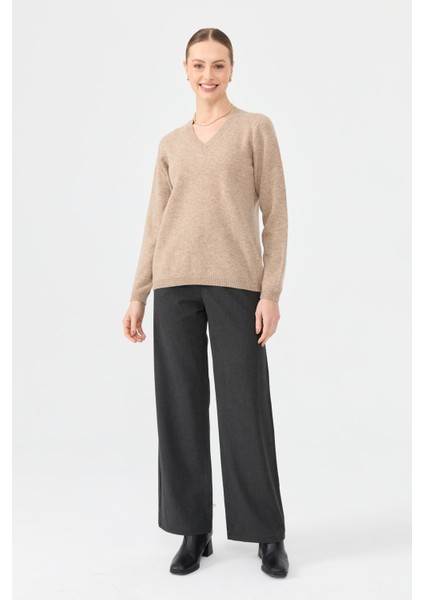 Kadın V Yaka Klasik Yün Kazak K.bej fiyatları