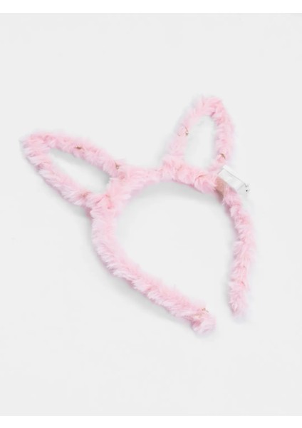 LED Işıklı Peluş Pofuduk Tavşan Kulak Tavşan Taç Pembe 17 x 23 cm