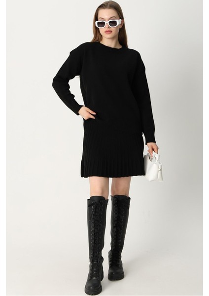 Kadın Siyah Yumuşak Kazak Pileli Etek Ikili Triko Takım modelleri