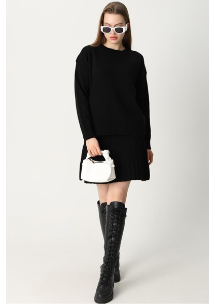 Kadın Siyah Yumuşak Kazak Pileli Etek Ikili Triko Takım fırsatları