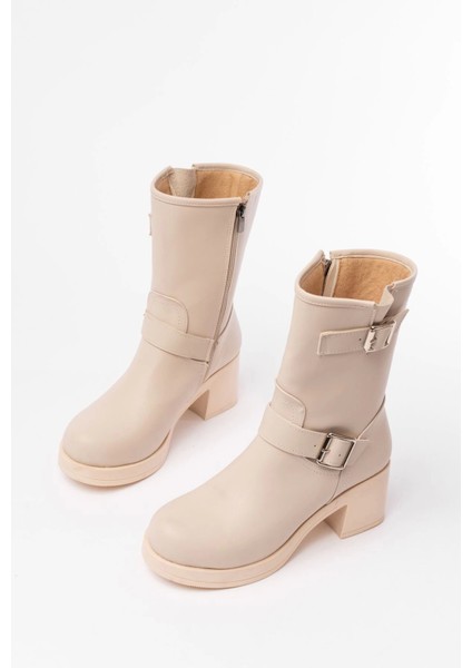 Bej Toka Aksesuarlı Fermuarlı Kalın Topuklu Günlük Kadın Bot fırsatları