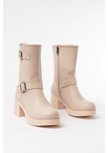 Bej Toka Aksesuarlı Fermuarlı Kalın Topuklu Günlük Kadın Bot indirimleri