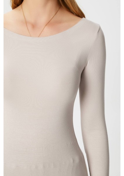 Kayık Yaka Uzun Kollu Bej Soft Top / Bluz