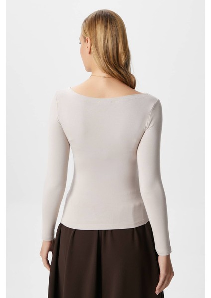 Kayık Yaka Uzun Kollu Bej Soft Top / Bluz