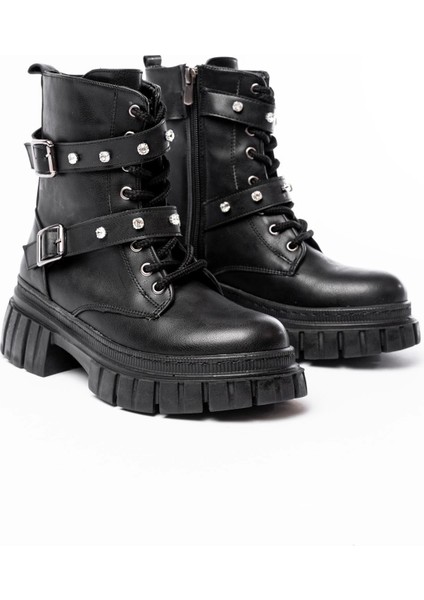 Siyah Bağcıklı Kalın Tabanlı Bağcıklı Fermuarlı Günlük Kadın Bot fırsatları