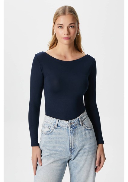 Kayık Yaka Uzun Kollu Lacivert Soft Top / Bluz