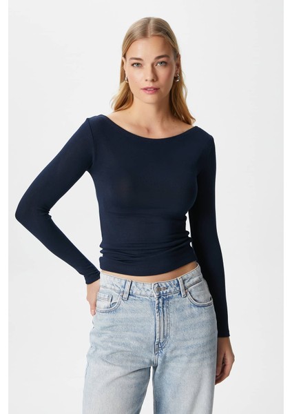 Kayık Yaka Uzun Kollu Lacivert Soft Top / Bluz