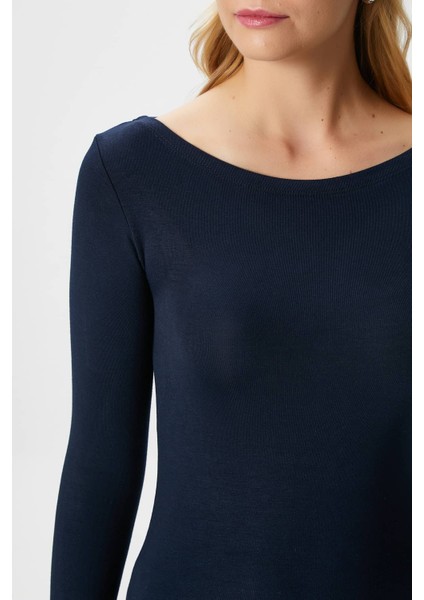 Kayık Yaka Uzun Kollu Lacivert Soft Top / Bluz