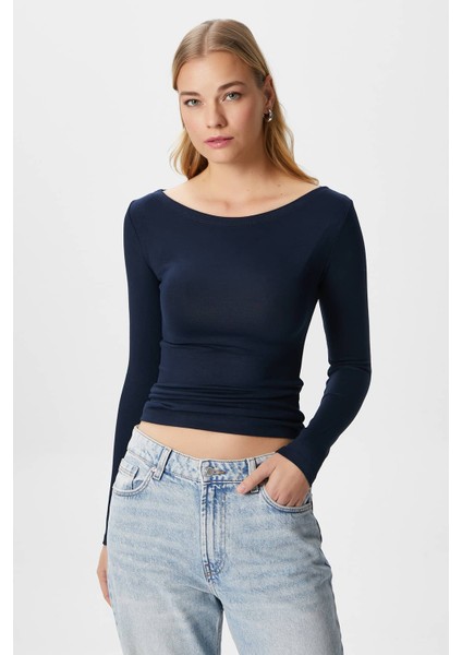 Kayık Yaka Uzun Kollu Lacivert Soft Top / Bluz