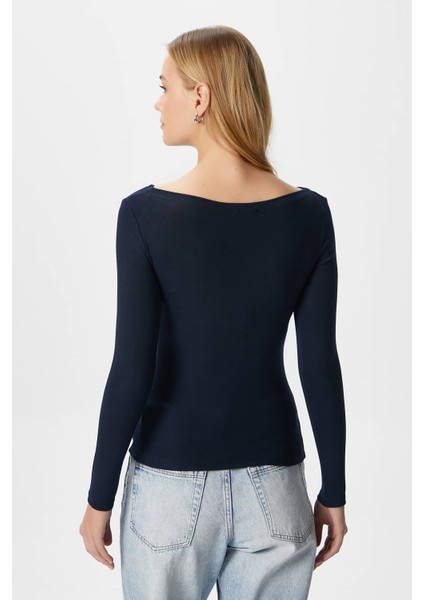 Kayık Yaka Uzun Kollu Lacivert Soft Top / Bluz