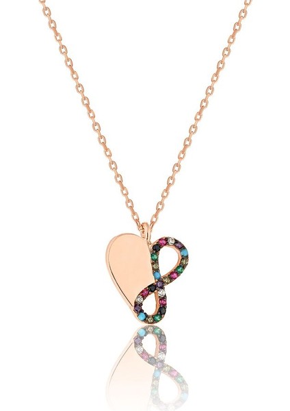 925 Ayar Gümüş Zirkon Taşlı Kalp Sonsuzluk Kadın Kolye 12 mm Rose-Mix