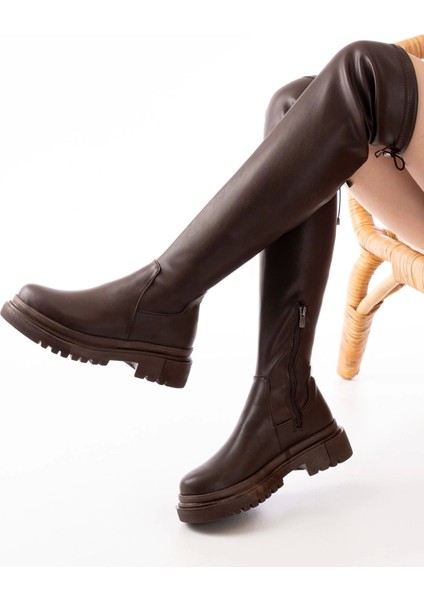 Kahverengi Fermuarlı Diz Üstü Bağcıklı Çorap Günlük Kadın Çizme fiyatları