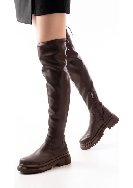 Kahverengi Fermuarlı Diz Üstü Bağcıklı Çorap Günlük Kadın Çizme fırsatları