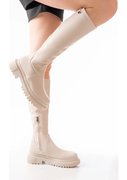 Bej Fermuarlı Günlük Kadın Çizme
