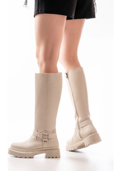 Bej Fermuarlı Günlük Kadın Çizme