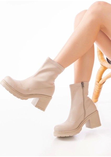 Streç Bej Fermuarlı Kalın Topuklu Günlük Kadın Bot fiyatları