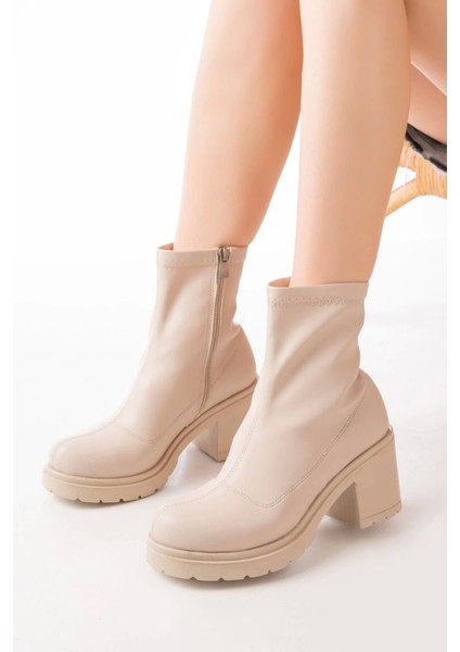 Streç Bej Fermuarlı Kalın Topuklu Günlük Kadın Bot fırsatları