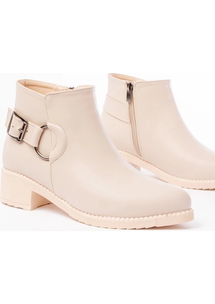 Bej Toka Aksesuarlı Fermuarlı Günlük Kadın Bot