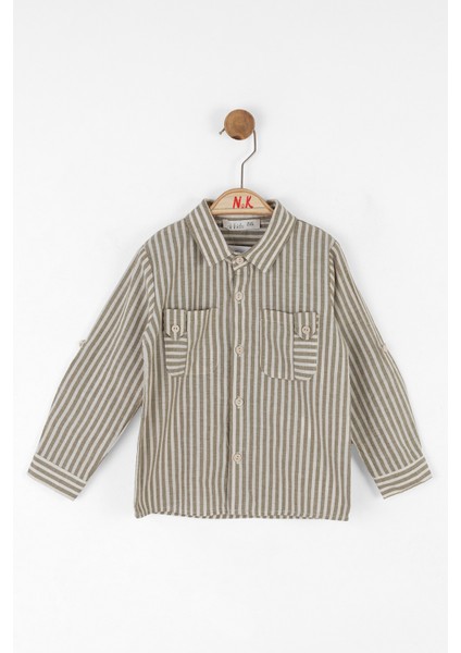 Çizgili Desenli Uzun Kollu Keten Rahat ve Şık Tasarım Erkek Çocuk Gömlek